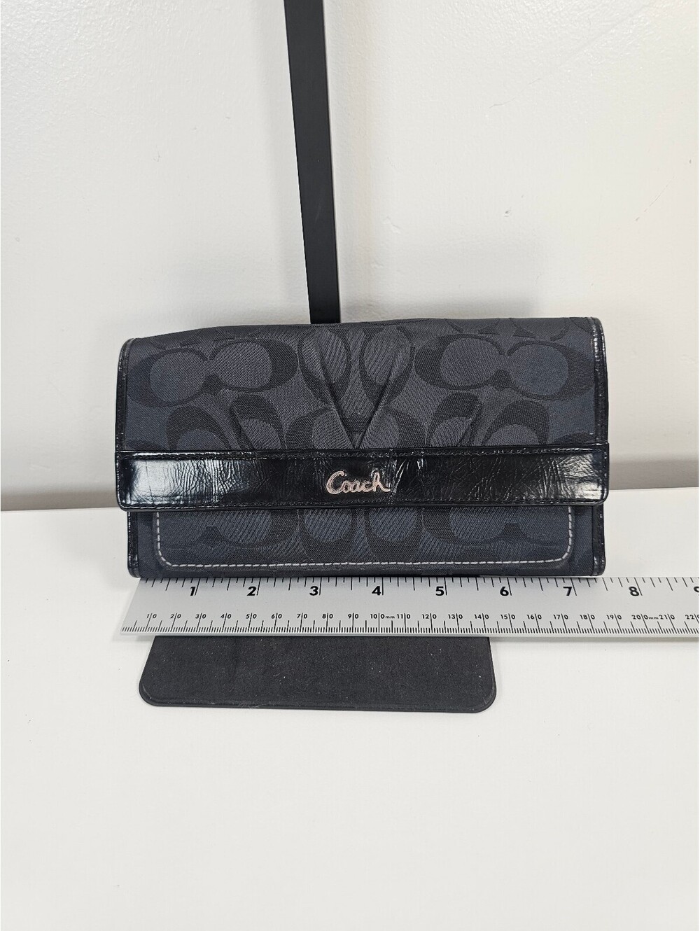Coach Signature Black Canvas and Leather Trifold Wallet